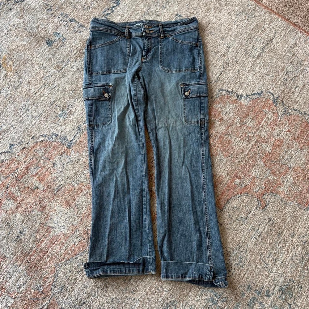 Old Navy Womens Blue Low Rise Flare Cargo Jeans Y2K Utility Denim Size 8